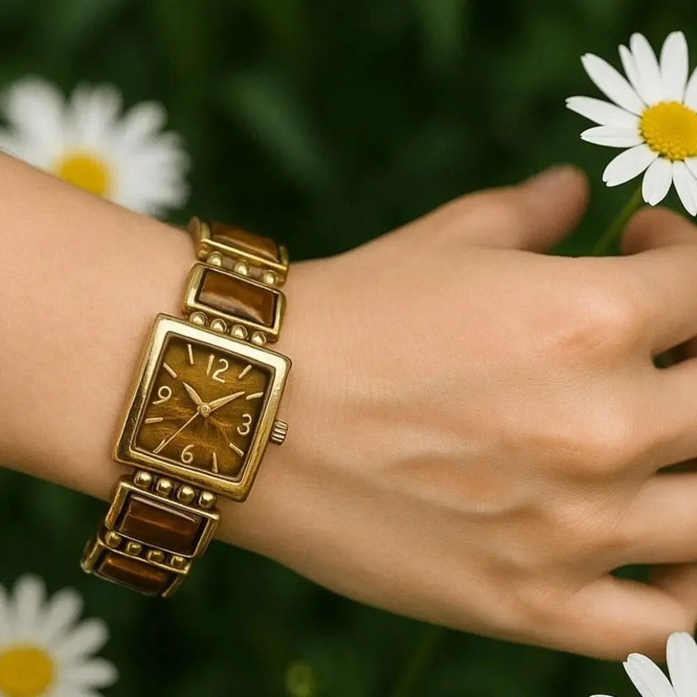 Burgi Gold Tone Tigers Eye Watch